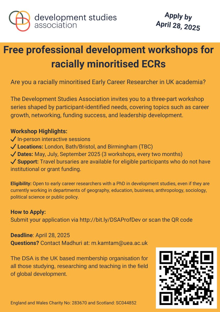 devcomms's tweet photo. Racially minoritised ECR in UK academia?
Join DSA’s 3-part in-person workshop series on leadership, funding, and networks.
 ✅ Travel bursaries available
 🗓 Apply today!
https://t.co/Xyty0lLFKh
 #DevStudies #DSAECR #InclusiveAcademia https://t.co/ITh8lBF3ED
