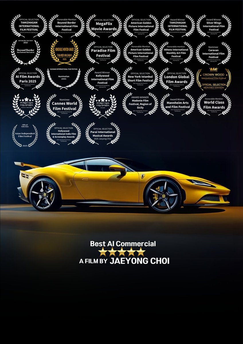 최재용 AICF감독, 'AI Ferrari Commercial'로 Indie Cine Tube Awards  대상 수상 

AI 광고감독 최재용이 제작한 작품 'AI Ferrari Commercial' 이 최근 개최된 Indie Cine Tube Awards에서 대상 (Award Winner) 로 선정되었다.
