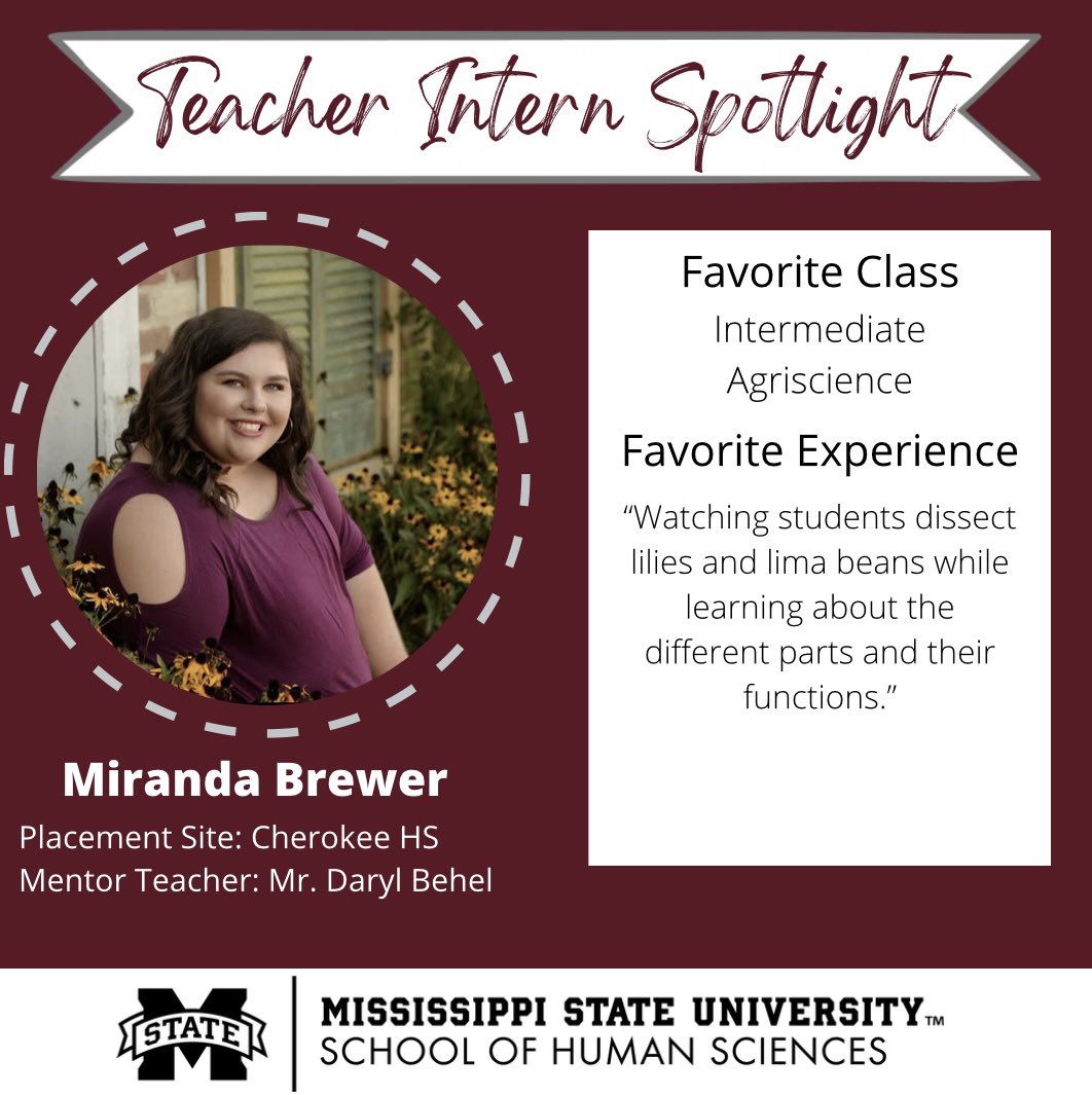 MSUAgEd's tweet photo. Happy Monday! ☀️ We’re starting our week by spotlighting Miss Miranda Brewer!! Take a moment to read about her time as a student teacher! These last few weeks of school will be FULL of many more spotlights, so buckle up! 🚘
#msuag #msuaged #teachag https://t.co/K4k3HK12SS