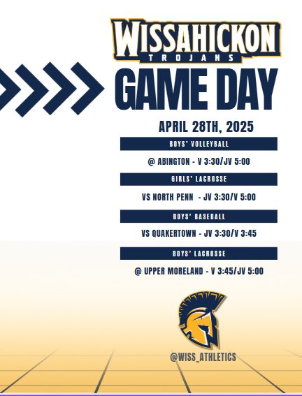 Here is today’s schedule (4/28/2025) for Wiss Sports!
🔵🟡⚾️🥍🏐
GO TROJANS!!! 
<a href="/WissahickonSD/">Wissahickon SD</a>
<a href="/Wiss_Baseball/">Wiss Baseball</a> <a href="/wissGLAX/">Wissahickon Girls Lacrosse</a> <a href="/Wisslaxboys/">Wissahickon Boys Lacrosse</a> 
<a href="/SOLsports/">SOLsports</a>