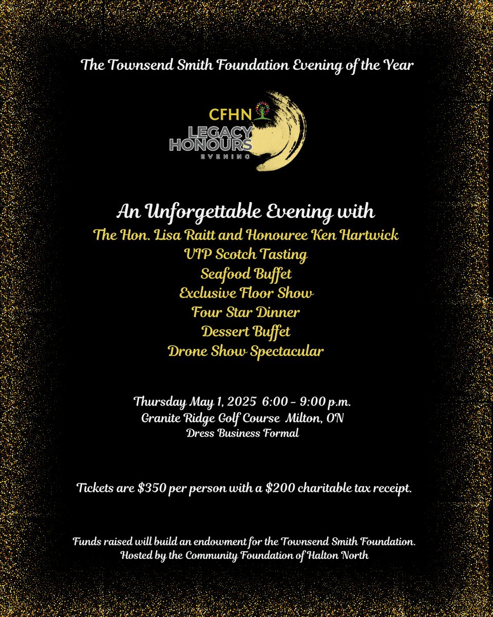 🚨LAST DAY TO PURCHASE TICKETS!!!🚨✨Join us for an unforgettable evening with the Hon. Lisa Raitt &amp; Honouree Ken Hartwick at our first Legacy Honours Evening on Thursday May 1, 2025.

✨Purchase your tickets NOW: cfhn.ca/legacyhonours/

#cfhaltonnorth #townsendsmithfoundation
