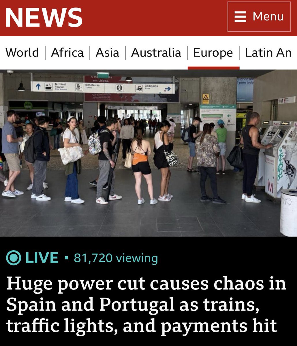 A massive power cut has hit large parts of Spain and Portugal affecting public transport, traffic lights, hospitals, shops and restaurants. Reports of long queues at cash points as card payments are not working - yet another example of why cash must never be phased out.