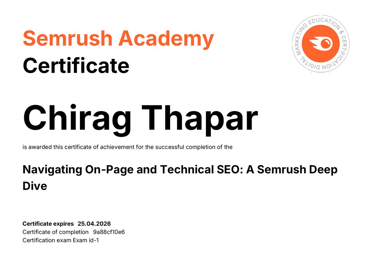 🎉Excited to share that I’ve successfully completed my certification with <a href="/Semrush/">Semrush</a> Academy! This journey has been incredibly insightful, enhancing my marketing skills. #SemrushCertified #SemrushAcademy #DigitalMarketing #SEO

semrush.com/academy/certif…