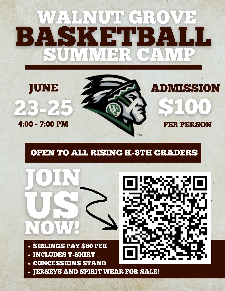 2025 Warrior Basketball Kids Camp!!

Who: Rising Kindergarten to 8th Grade
Where: Walnut Grove High School 
When: June 23-25 from 4-7 PM
Cost: $100

forms.gle/mHJREBws1WADLc…
Sign up today!