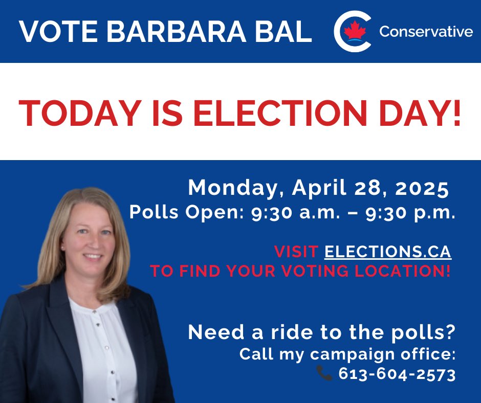 Nepean, TODAY IS ELECTION DAY!!!

Polls are open from 9:30 a.m. to 9:30 p.m.

Let’s Make History in Nepean and Let’s Save Canada! 🇨🇦 Get Out and VOTE!

Visit Elections.ca to find your voting location.

If you need a ride to the polls, please call our campaign office: