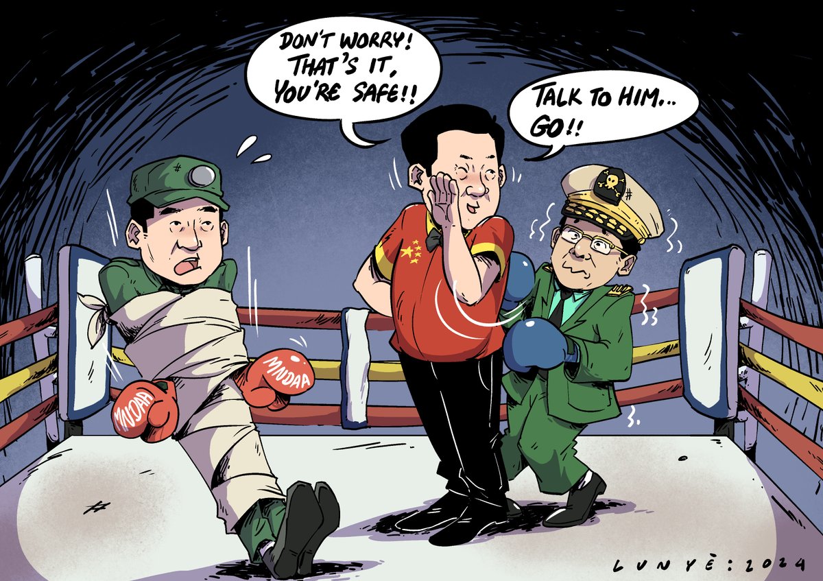 Who needs an army to take back Lashio when you have a Chinese friend?🫢

Cartoon by Luna’s artworks

#Cartoons #C4M #PoliticalCartoons #Showdown #China #MNDAA #MAL #Dictators #Cowards #Negotiations #Lashio #Shan #JusticeForMyanmar #WhatsHappeningInMyanmar #AvecToiMyanmar