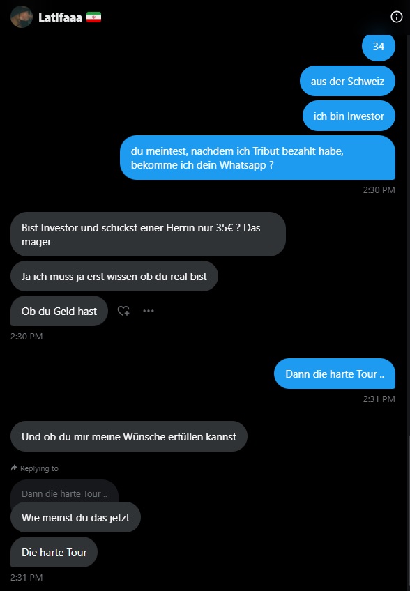 1) Niveaulos, 2) hält sich nicht an das Versprochen, 3) vermutlich auch - zumindest teilweise - Fake <a href="/herrin_latifa/">Latifaaa 🇮🇷</a>