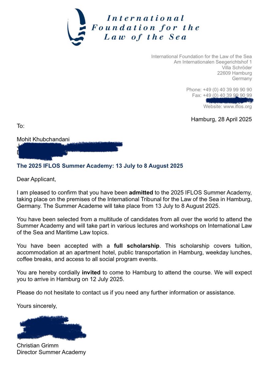 Honoured that I have been selected from a multitude of candidates worldwide for the IFLOS’ Summer Academy at the <a href="/ITLOS_TIDM/">International Tribunal for the Law of the Sea</a> International Tribunal for the Law of the Sea ins July-August. 🙏

Also honoured to be one of the few to be given a full scholarship.

See you there! #los