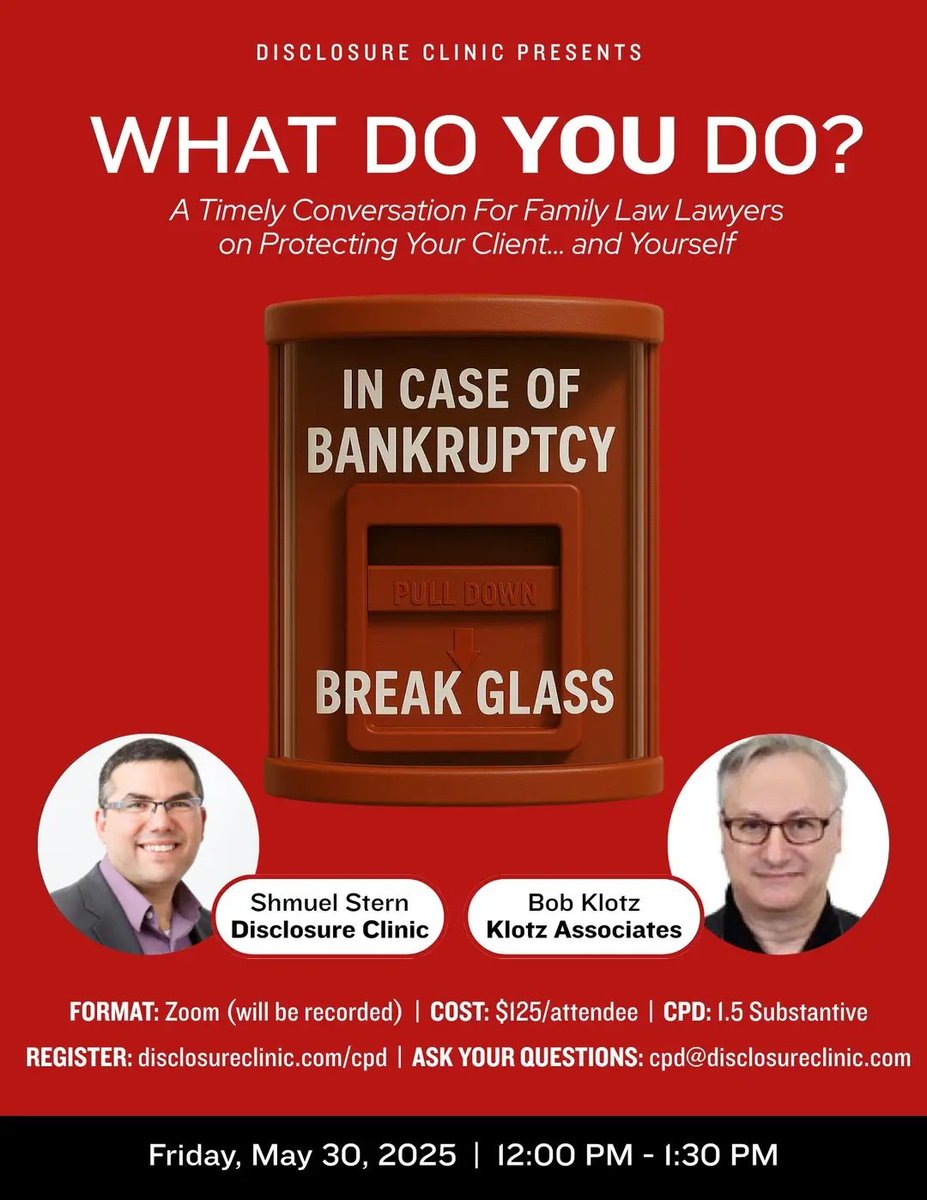 With all the financial uncertainty, a #CPD on bankruptcy for family lawyers when its spectre is raised or actually happens in a file.

What do you do? A timely conversation with Bob Klotz on protecting your client... And youself

disclosureclinic.com/education/cpd/…