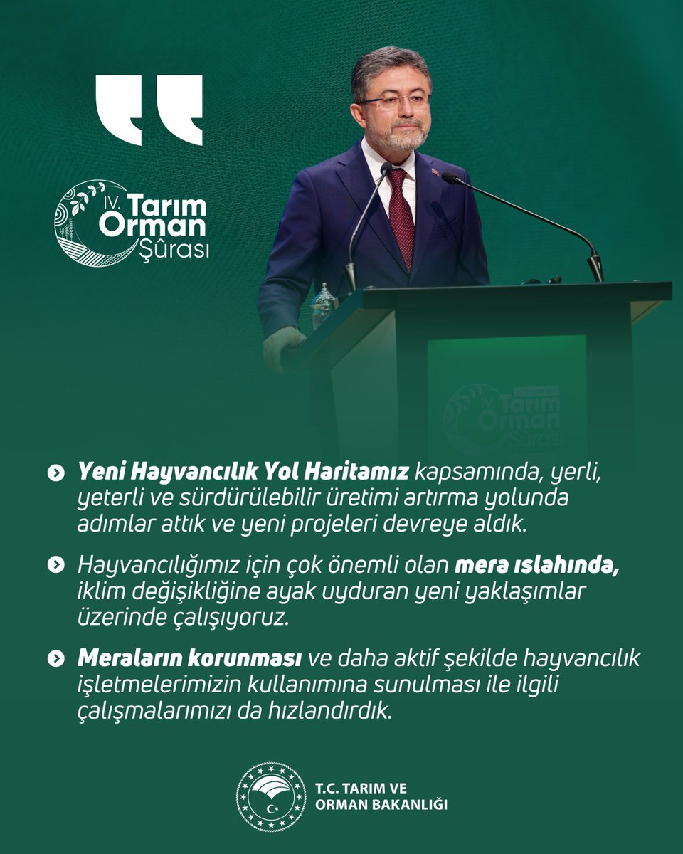 T.C. Tarım ve Orman Bakanlığı (@tctarim) on Twitter photo Bakanımız Sayın <a href="/ibrahimyumakli/">İbrahim Yumaklı</a>:
“Yeni Hayvancılık Yol Haritamız kapsamında, yerli, yeterli ve sürdürülebilir üretimi artırma yolunda adımlar attık ve yeni projeleri devreye aldık.”
📍 IV. Tarım Orman Şûrası Bakanımız Sayın <a href="/ibrahimyumakli/">İbrahim Yumaklı</a>:
“Yeni Hayvancılık Yol Haritamız kapsamında, yerli, yeterli ve sürdürülebilir üretimi artırma yolunda adımlar attık ve yeni projeleri devreye aldık.”
📍 IV. Tarım Orman Şûrası