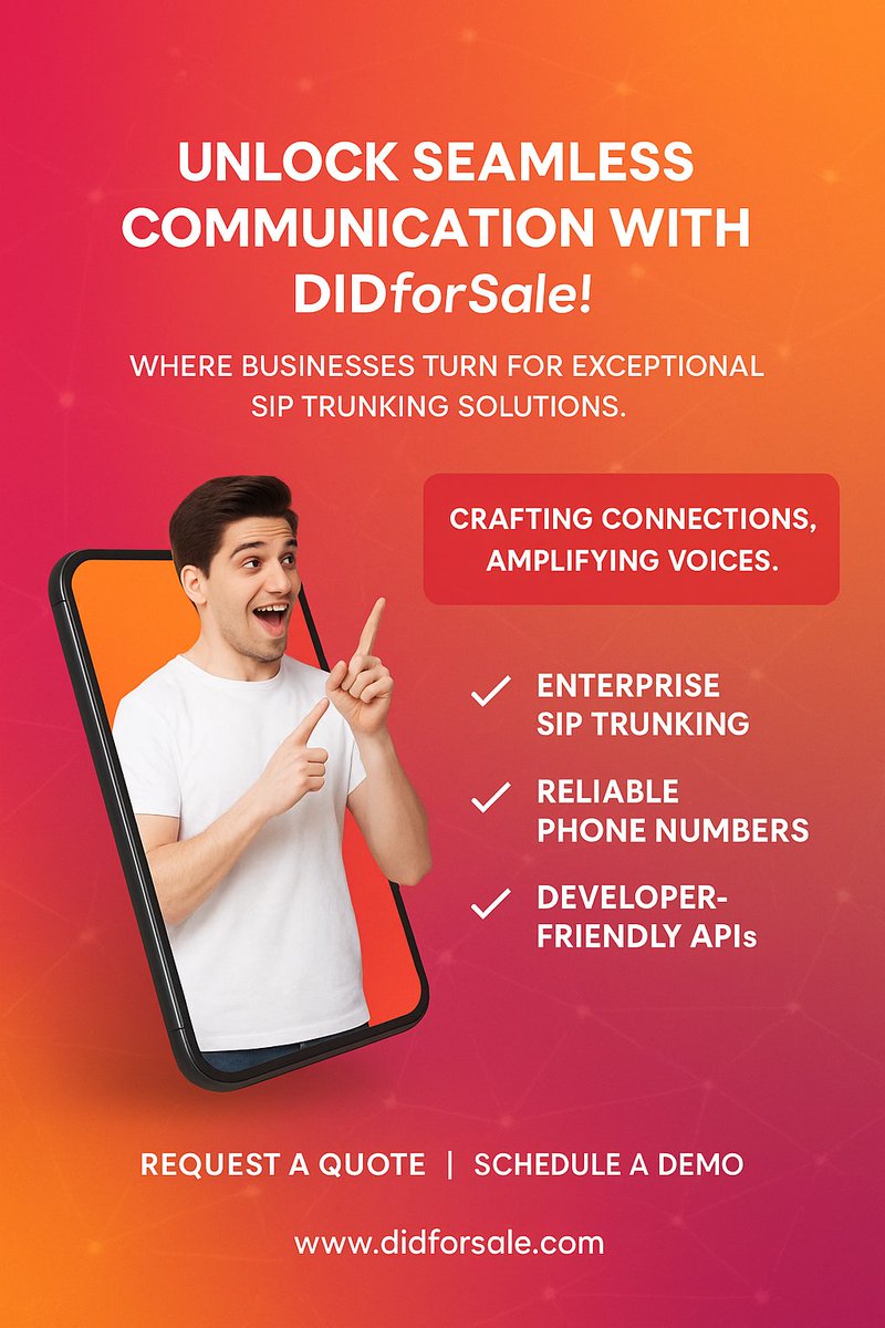 From SIP Trunking to local &amp; toll-free numbers and developer-friendly APIs, we’ve got your communication needs covered! 📞

👉 Get a Quote or Schedule a Demo today!
didforsale.com/contact/sales
#SIPTrunking #VoIP #BusinessCommunication #DIDforSale #TechSolutions