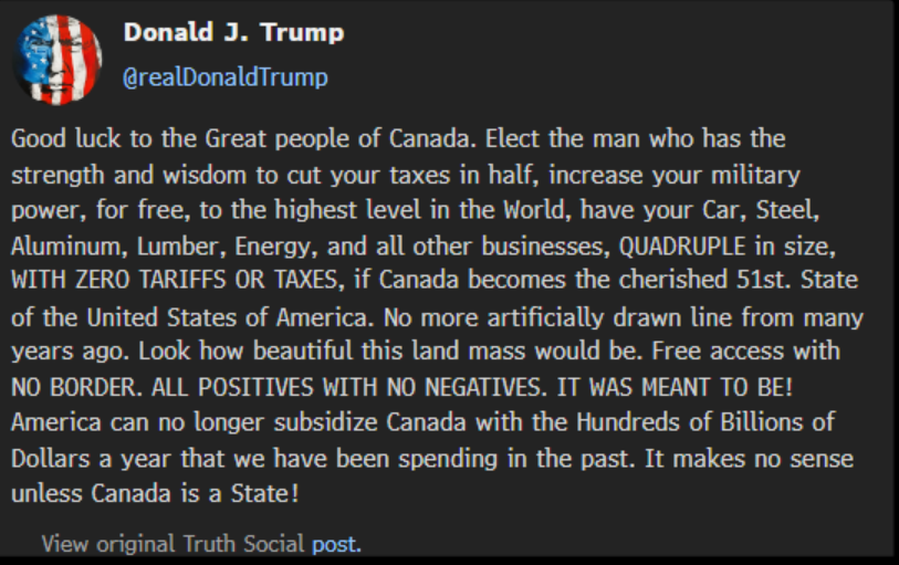 Trump endorses himself (?) in today's Canadian election