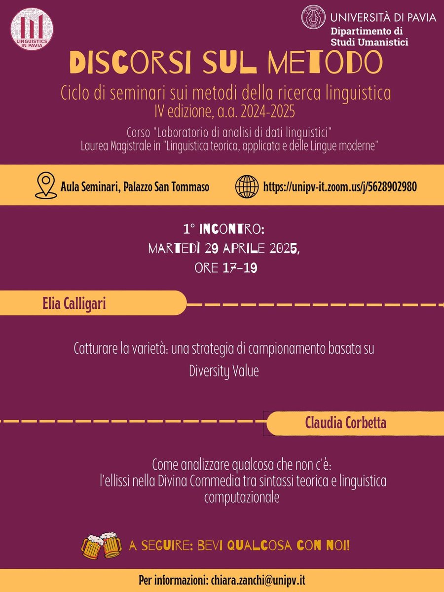 ✨ Discorsi sul Metodo - Ciclo di Seminari sui metodi della ricerca linguistica
1️⃣ Elia Calligari (Università di Pavia)
2️⃣ Claudia Corbetta (Università di Pavia/Università di Bergamo)
📍 Aula Seminari (Palazzo San Tommaso) oppure su Zoom
🕔 17:00 - 19:00

Non mancate!📚