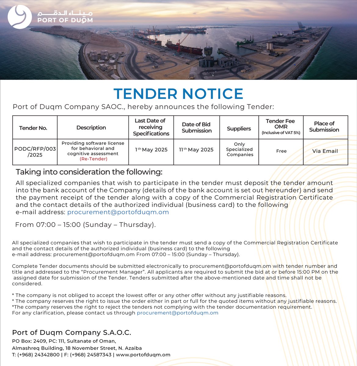 #Port_of_Duqm Company SAOC announces the following #Tender