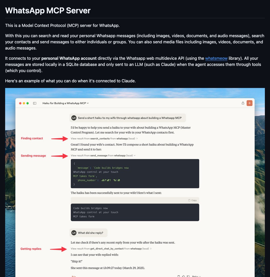 D4Vinci1's tweet image. whatsapp-mcp by @lukeharries_

Access your WhatsApp messages &amp;amp; contacts with this server, integrating with AI-powered chatbots like Claude to enhance your conversations! #WhatsApp #AI #ChatbotIntegration