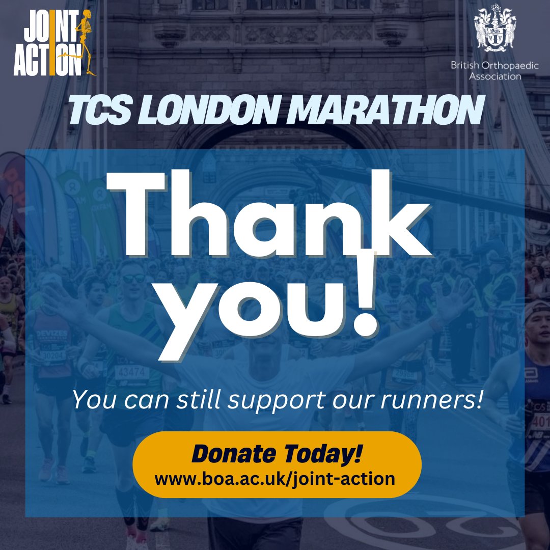BritOrthopaedic's tweet photo. A huge thank you to all our runners and their amazing supporters from everyone at @BritOrthopaedic! 

You can still support our brilliant runners by donating at: https://t.co/Gl34bp76bG 

#LondonMarathon #TeamJointAction @LondonMarathon https://t.co/dUsSFCLDzH