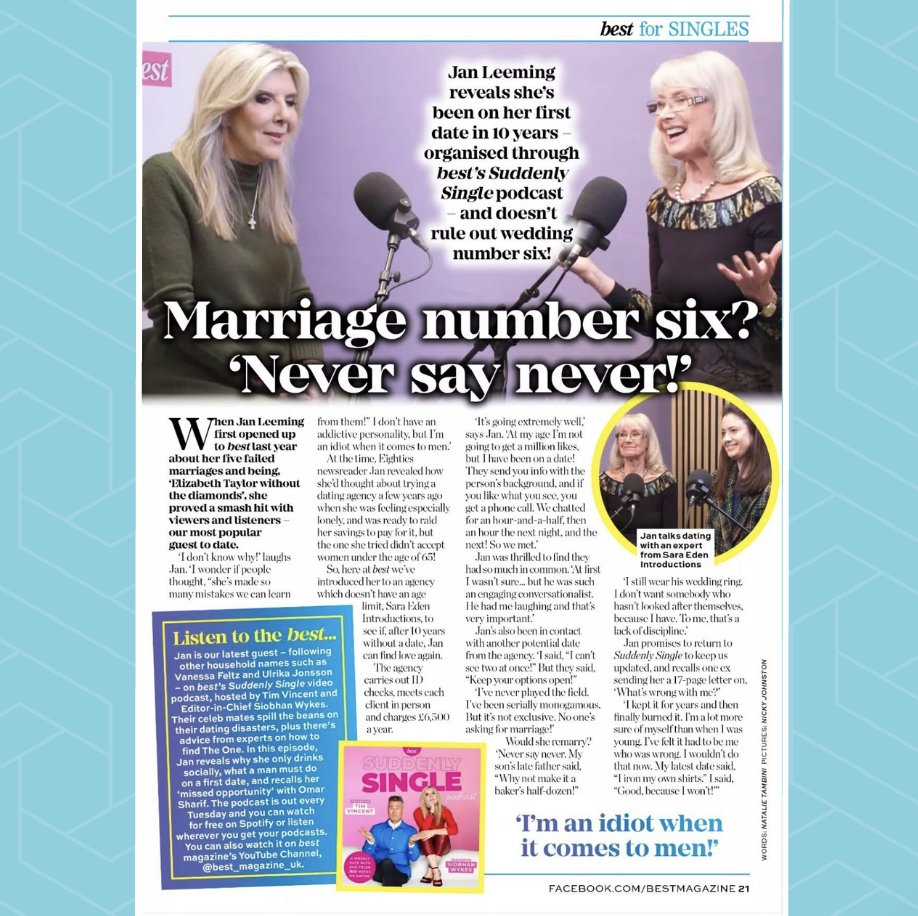 SEIntro's tweet image. We’re excited to be featured in the latest episode of Suddenly Single, where our amazing matchmaking consultant Rebecca Coon joins the wonderful Jan Leeming.

A big thank you to @ChampionTalent for making it happen!
(📸 Image cropped from Jan’s post – magazine out now!)
