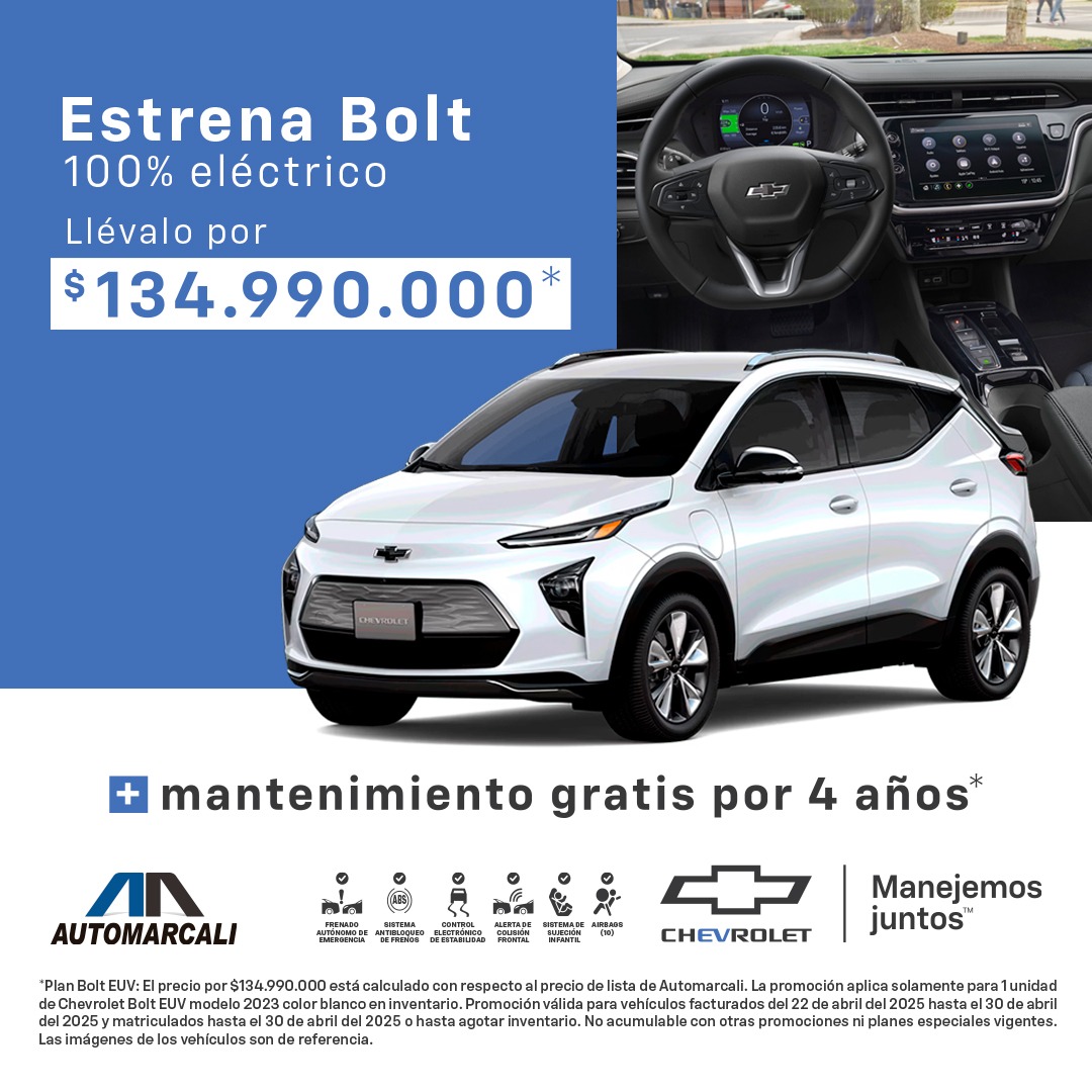 Automarcali's tweet image. ⚡️ ¡Estrena tu Chevrolet Bolt 100% eléctrico por $134.990.000*! ¡Incluye mantenimiento gratis por 4 años*!

📱 WhatsApp: bit.ly/3127070143.

📍 Vitrina: Pasoancho con 70.

📄 *(Términos y condiciones: bit.ly/42Gx8C9).