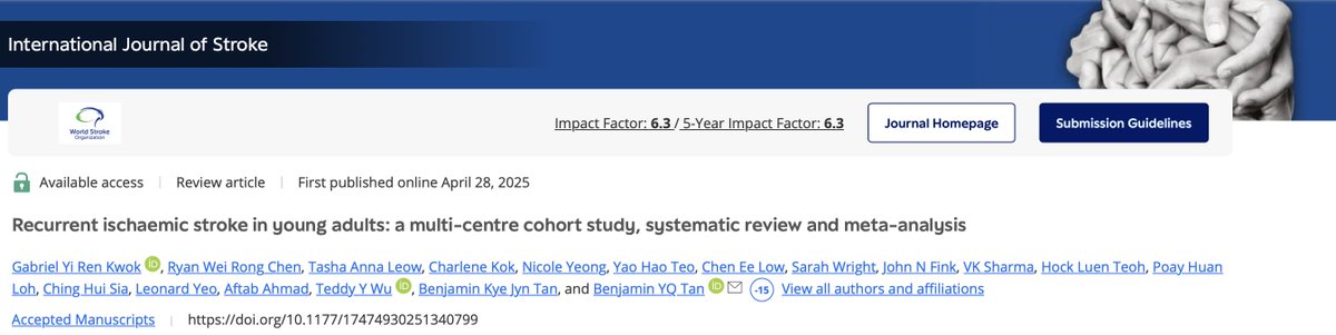 Benjamin Tan (@drbenjamintan) on Twitter photo Our study in <a href="/IntJStroke/">International Journal of Stroke</a> shows young adults face significant stroke recurrence risks: 4.5-7.3% recurrence rate within just 1 year, increasing to 10.5-12.8% at 5 years and 14.0-20.3% beyond 10 years.
<a href="/Teddyyhwu/">Teddy Wu</a> <a href="/leonardyeo1/">leonard yeo</a> <a href="/chinghuisia/">Ching-Hui SIA</a>
#YoungStroke
doi.org/10.1177/174749… Our study in <a href="/IntJStroke/">International Journal of Stroke</a> shows young adults face significant stroke recurrence risks: 4.5-7.3% recurrence rate within just 1 year, increasing to 10.5-12.8% at 5 years and 14.0-20.3% beyond 10 years.
<a href="/Teddyyhwu/">Teddy Wu</a> <a href="/leonardyeo1/">leonard yeo</a> <a href="/chinghuisia/">Ching-Hui SIA</a>
#YoungStroke
doi.org/10.1177/174749…