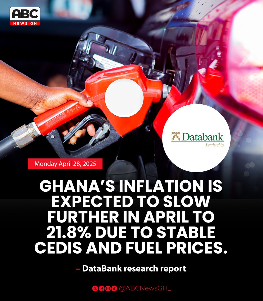 ABC News GH (@abcnewsgh_) on Twitter photo Ghana’s inflation is expected to slow further in April to 21.8% due to stable cedis and fuel prices. - DataBank research report
#ABCNewsGh Ghana’s inflation is expected to slow further in April to 21.8% due to stable cedis and fuel prices. - DataBank research report
#ABCNewsGh
