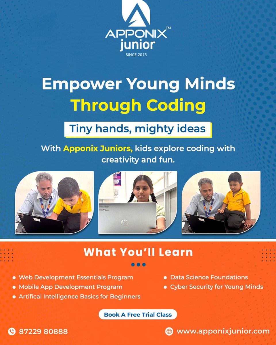 apponixjunior's tweet image. 🌟 Empower the next generation through the magic of coding 🚀
Tiny hands, mighty ideas 💡 — at Apponix Junior, kids dive into coding with creativity and fun 🎮👩‍💻👨‍💻
✨ Book a FREE trial class today and watch them build the future 🖥️📚
#CodingForKids #ApponixJunior #YoungMinds