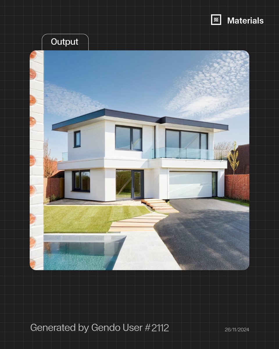 Quickly test textures, surfaces, and finishes—whether it’s rethinking furniture or refining architectural elements like driveways.

Iterating through material options is easy, try it out bit.ly/41KPzoP

#GendoAI #AIforDesign #ArchitecturalVisualisation #AIWorkflow