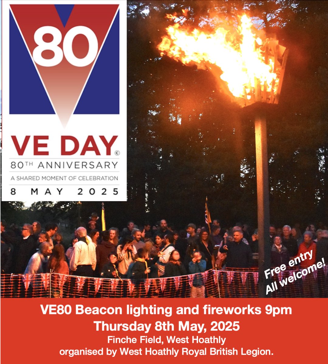 VE Day 80 Celebrations in West Hoathly! The bells of St Margaret’s will be ringing out from 8.15 til 9pm when we’ll be joining in the national Beacon chain by lighting the Finche Field Beacon, followed by fireworks. Free entry. All welcome.
#VEDay80 #Sussex