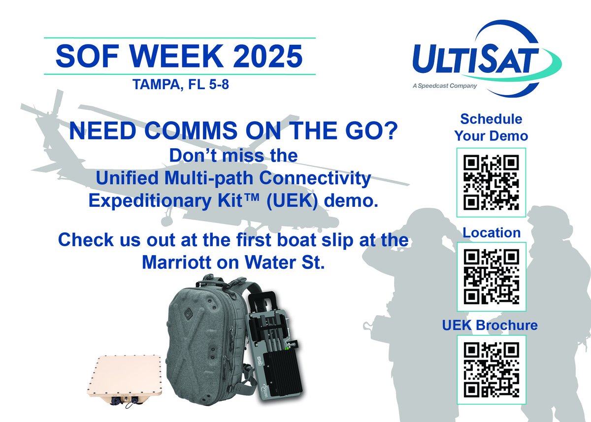 UltisatInc's tweet photo. Are you ready for SOF Week in Tampa, May 5-8? Don't miss your chance to experience UltiSat's cutting-edge Unified Multi-path Connectivity Expeditionary Kit™ (UEK) in action!   Schedule your demo today and see how the UEK can transform your mission's connectivity needs! #sofweek https://t.co/4zJl5xt6t9