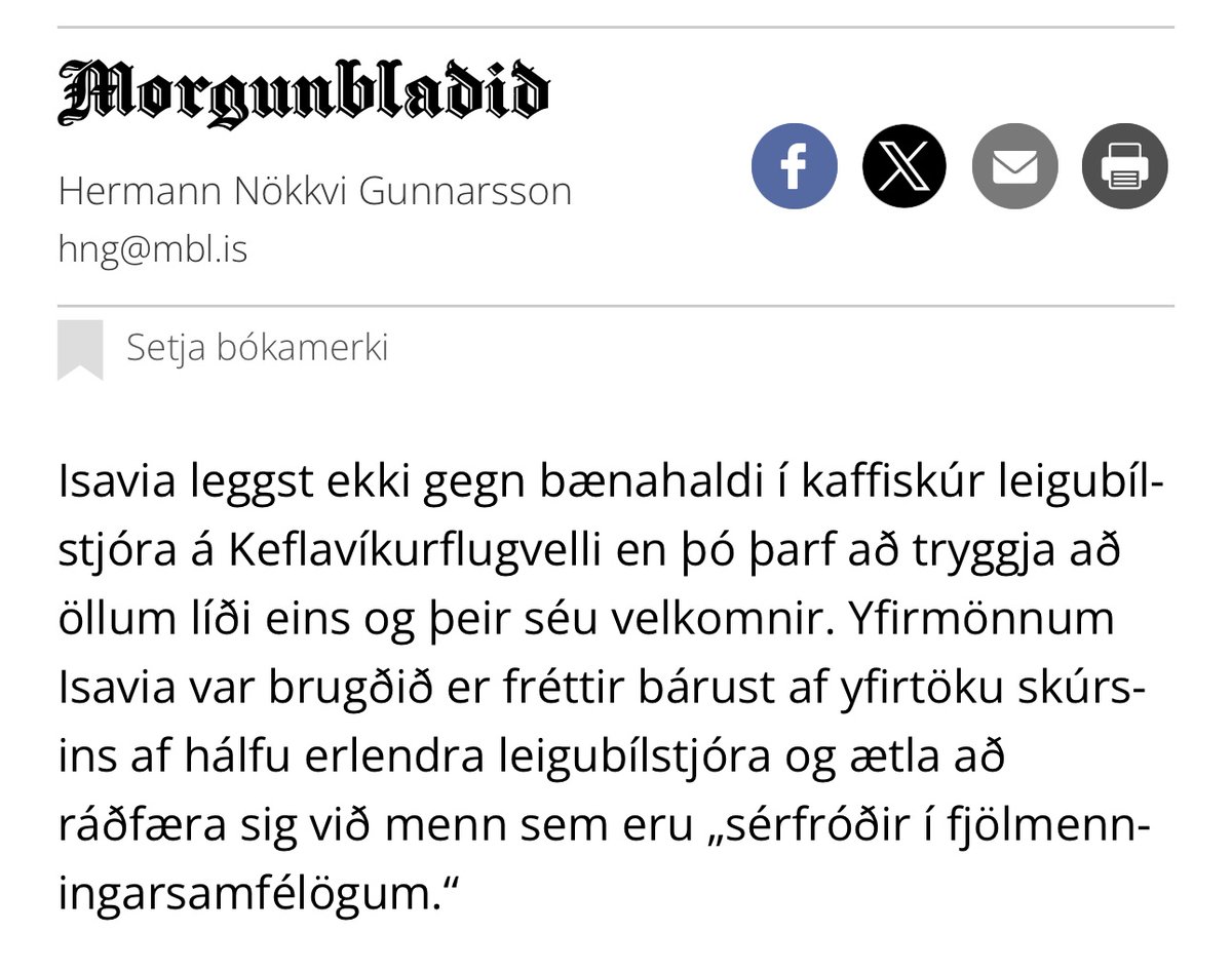 Sigmundur Davíð (@sigmundurdavid) on Twitter photo Nei, hættu nú alveg!
Stjórnendur Isavia og ráðherrann láta ekki ná í sig dögum saman en svo er maður sendur út með skilaboð um að félagið ætli að leita til fjölmenningarsérfræðinga.
Hverjir skyldu nú þessir „menn sem eru sérfróðir í fjölmenningarsamfélaginu” vera?
Getur verið Nei, hættu nú alveg!
Stjórnendur Isavia og ráðherrann láta ekki ná í sig dögum saman en svo er maður sendur út með skilaboð um að félagið ætli að leita til fjölmenningarsérfræðinga.
Hverjir skyldu nú þessir „menn sem eru sérfróðir í fjölmenningarsamfélaginu” vera?
Getur verið