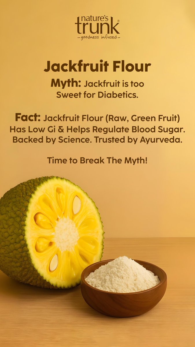 Natures_Trunk's tweet image. Still believe jackfruit is too sweet for diabetics?
Time to break the myth.
Jackfruit flour is made from raw, green fruit and helps regulate blood sugar naturally.
Backed by science. Trusted by Ayurveda. 🌿 Choose smarter today.
✨
#DiabetesSupport #JackfruitFlour #HealthyLiving