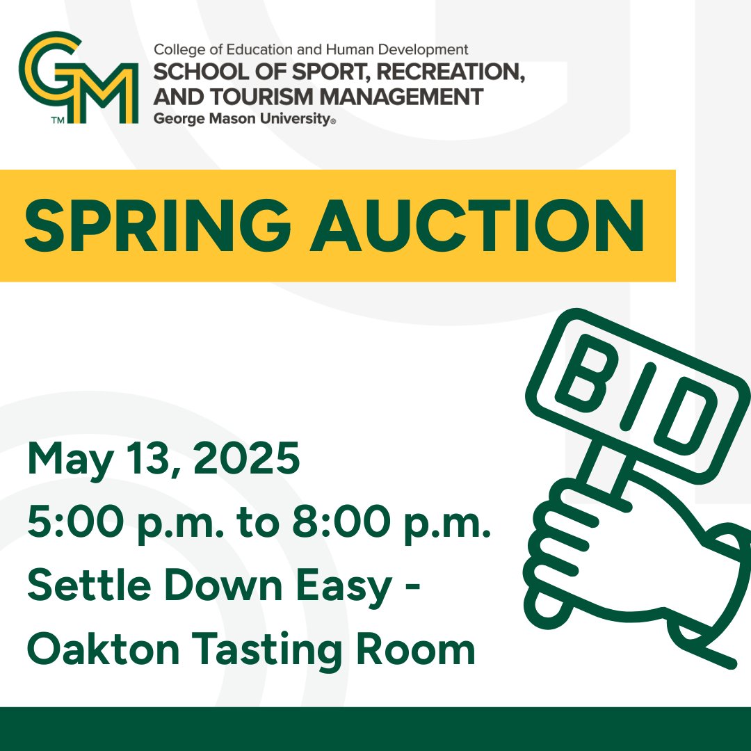 Join us for the annual School of Sport, Recreation, and Tourism Management spring auction! Items being auctioned include local ghost tours, tickets to a Washington Nationals game, and more! View auction items and RSVP here: cbo.io/app/public/bid…