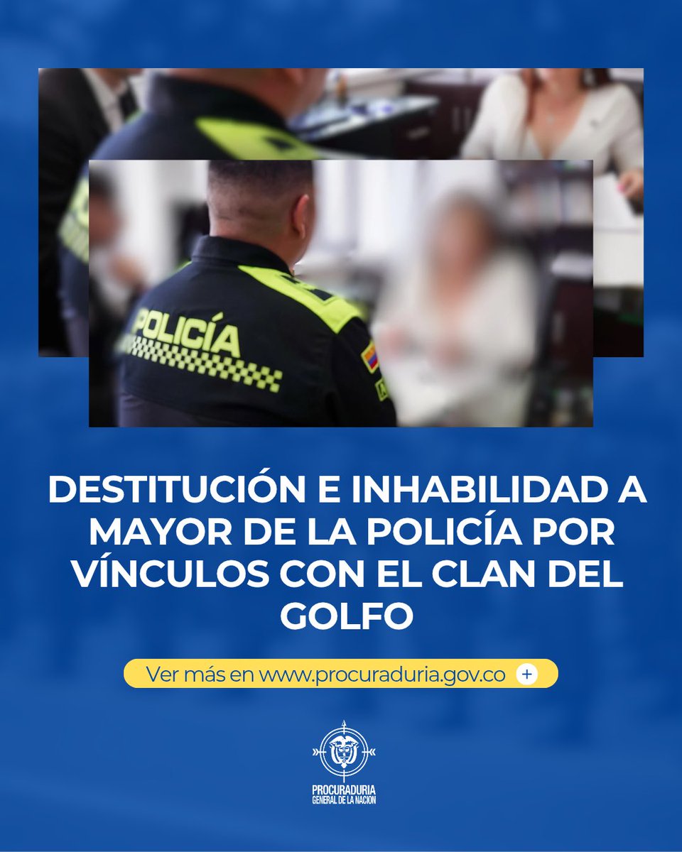 En fallo de segunda instancia, la <a href="/PGN_COL/">Procuraduría General de la Nación</a> confirmó la destitución e inhabilidad por 12 años al mayor (r) de la Policía, Héctor Fabio Murillo, por sus vínculos con el Clan del Golfo. Se ratificó que participó el actos delictivos.

shorturl.at/gsUWW