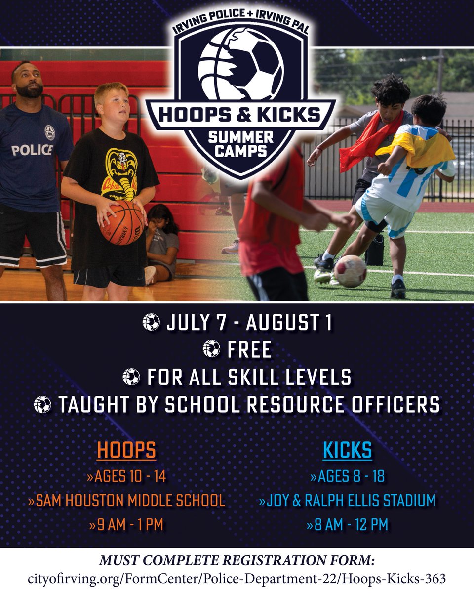 Hoops🏀&amp; Kicks⚽️ – FREE Youth Camps Are Almost Here!

Get ready for a summer of fun! Our School Resource Officers (SROs) are hosting free youth camps, creating a safe and engaging environment for kids to enjoy sports and build positive relationships with their SROs outside the