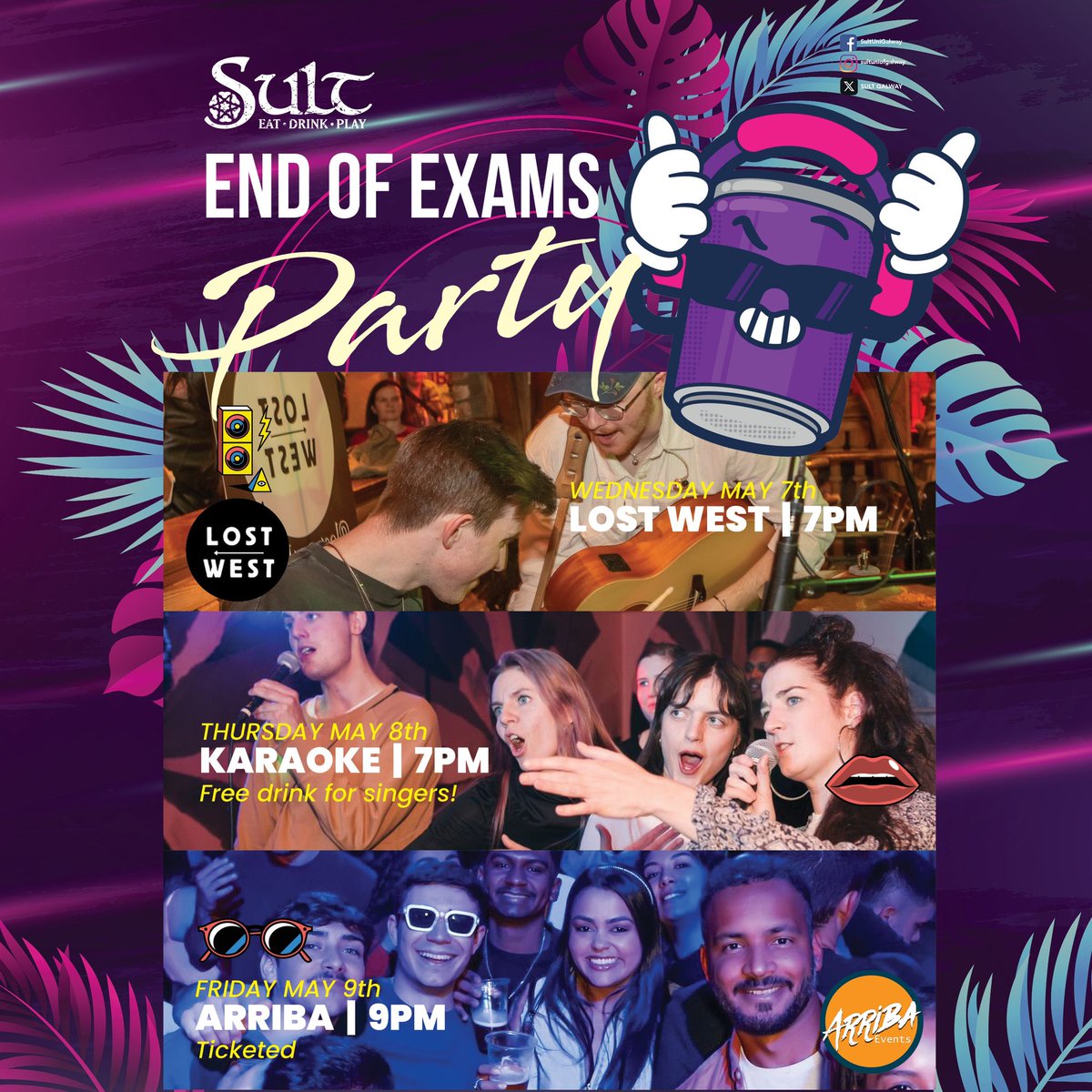We are getting ready here for one big blow out . Great line up ahead to celebrate end of exams 🍾 💃💃 See you here for the last dance 🕺🏼 🪩 #endofcollegeyear #endofexams #sultunigalway