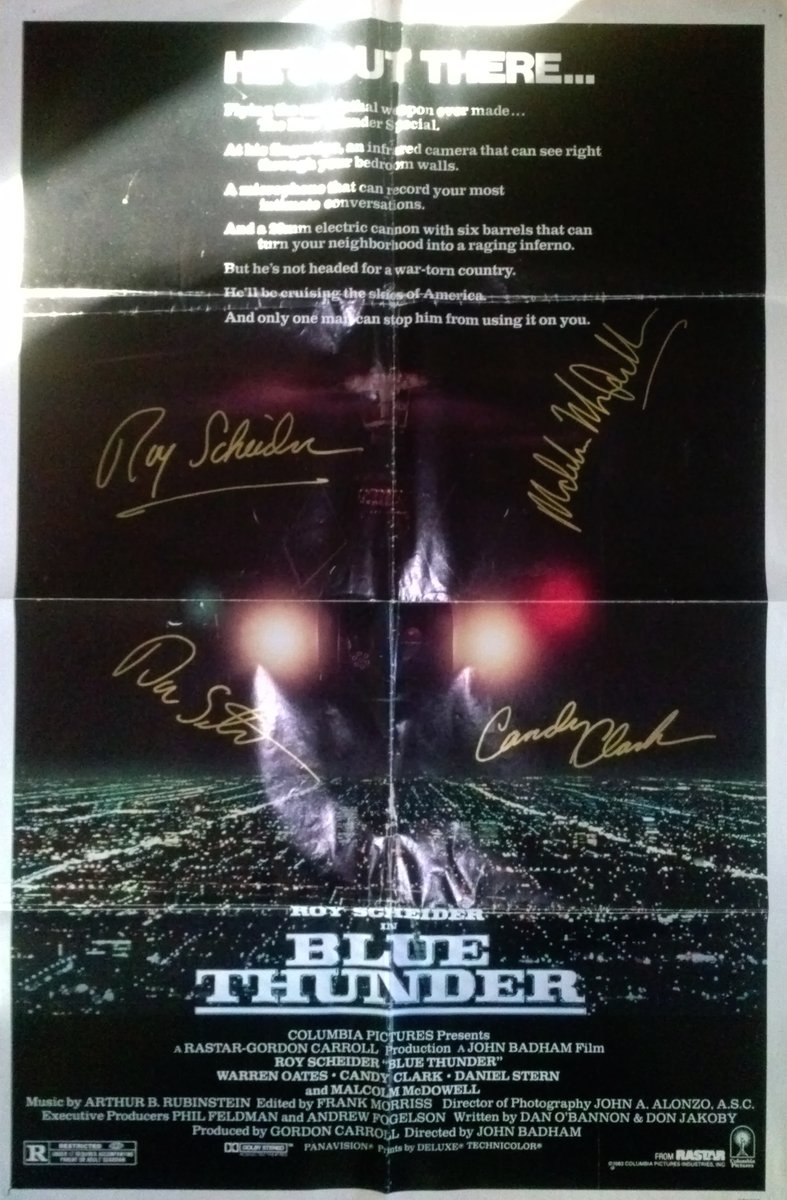 Carlo_on_air's tweet image. #BlueThunder #RoyScheider #classicmovie #Autograph Signed premiere poster.