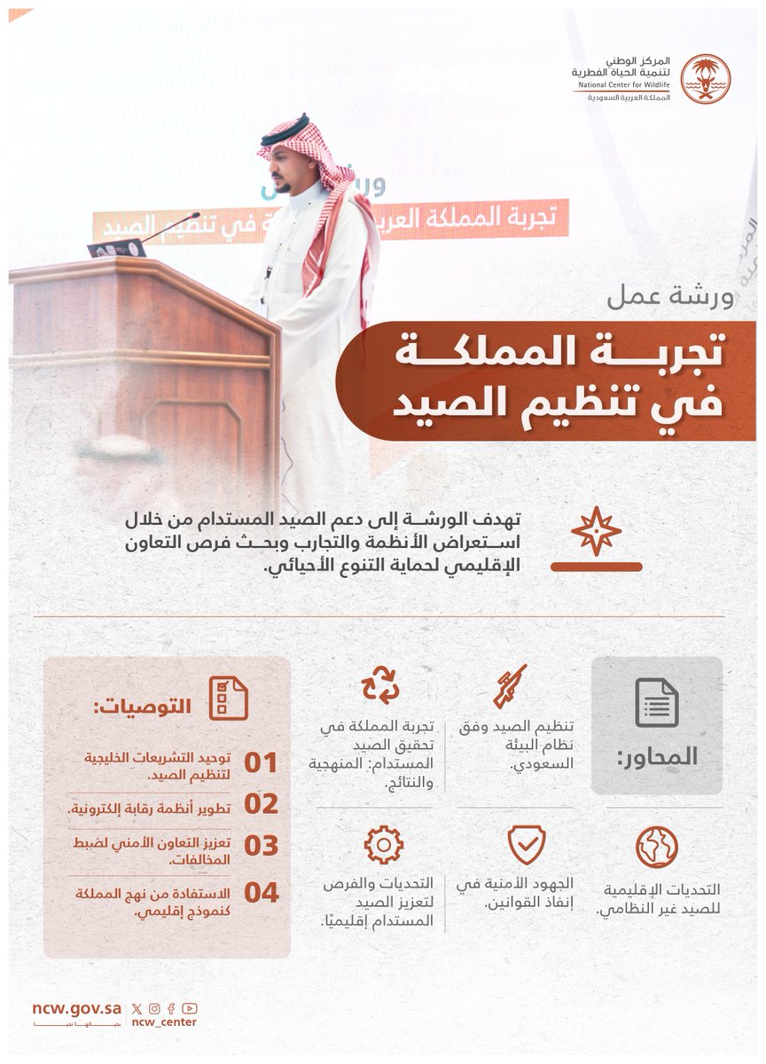 استعرضت ورشة "تجربة المملكة في تنظيم الصيد" جهود تحقيق الصيد المستدام، وبحثت فرص التعاون الإقليمي لتعزيز حماية الحياة الفطرية، مع توصيات لتوحيد التشريعات وتطوير أدوات الرقابة البيئية.

#بحياتها_نحيا