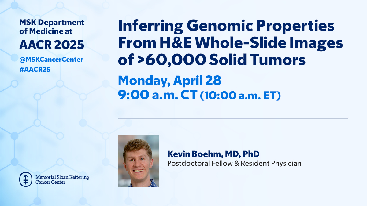 MSK Department of Medicine (@msk_deptofmed) on Twitter photo At #AACR25, stop by <a href="/kevinmboehm/">Kevin Boehm</a>'s poster to learn about his work training an artificial intelligence model to predict genetic changes in tumors by analyzing slide images. <a href="/MSKCancerCenter/">Memorial Sloan Kettering Cancer Center</a> <a href="/AACR/">AACR</a>
Learn more: bit.ly/3YJBO9i At #AACR25, stop by <a href="/kevinmboehm/">Kevin Boehm</a>'s poster to learn about his work training an artificial intelligence model to predict genetic changes in tumors by analyzing slide images. <a href="/MSKCancerCenter/">Memorial Sloan Kettering Cancer Center</a> <a href="/AACR/">AACR</a>
Learn more: bit.ly/3YJBO9i