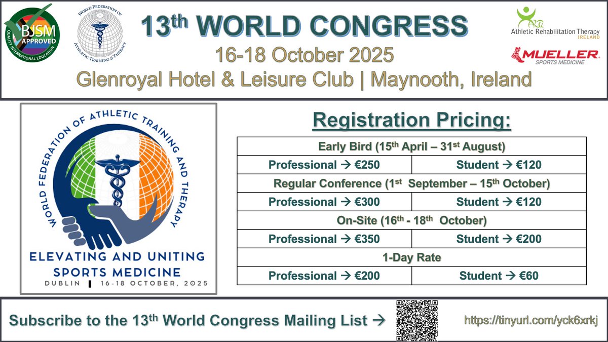 World Federation of Athletic Training & Therapy (@wfatt) on Twitter photo Planning for 13th World Congress? Registration pricing is now available! 🍀
🗓️ Mark your calendars: Registration opens April 2025.
🔗 Subscribe to our mailing list for updates: tinyurl.com/yck6xrkj
#WorldCongress2025 #WFATT <a href="/BJSM_BMJ/">British Journal of Sports Medicine (BJSM)</a> <a href="/ARTIIreland/">Athletic Rehabilitation Therapy Ireland</a> <a href="/MuellerSportMed/">Mueller Sports Medicine</a> Planning for 13th World Congress? Registration pricing is now available! 🍀
🗓️ Mark your calendars: Registration opens April 2025.
🔗 Subscribe to our mailing list for updates: tinyurl.com/yck6xrkj
#WorldCongress2025 #WFATT <a href="/BJSM_BMJ/">British Journal of Sports Medicine (BJSM)</a> <a href="/ARTIIreland/">Athletic Rehabilitation Therapy Ireland</a> <a href="/MuellerSportMed/">Mueller Sports Medicine</a>