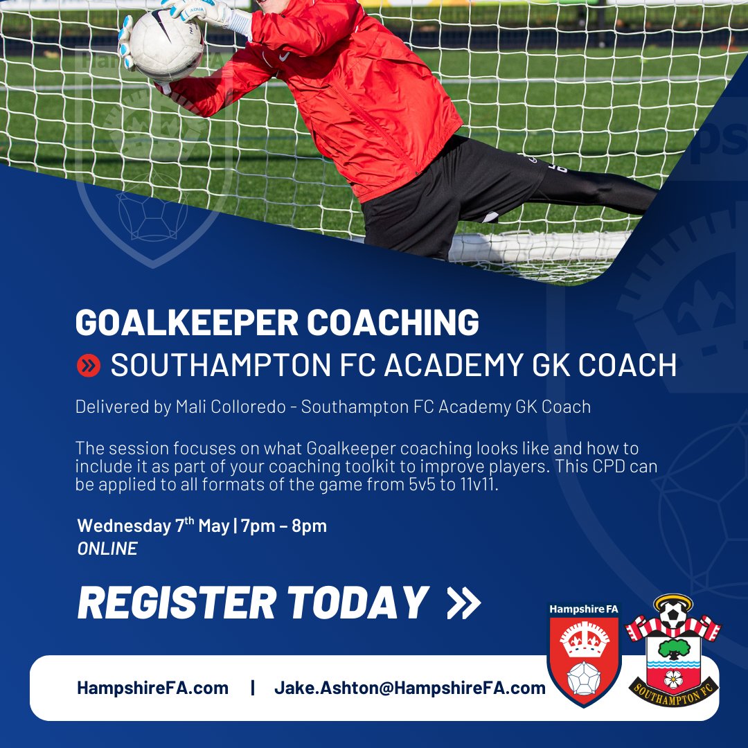 🧤 Goalkeeper Coaching CPD

Join Southampton FC Academy GK Coach, Mali Colloredo, for an online session on how to develop top-class keepers across all formats! ⚽

📅 Wednesday 7th May
 ⏰ 7–8pm
📍 Online

Register today!👇

bit.ly/3El03Ut