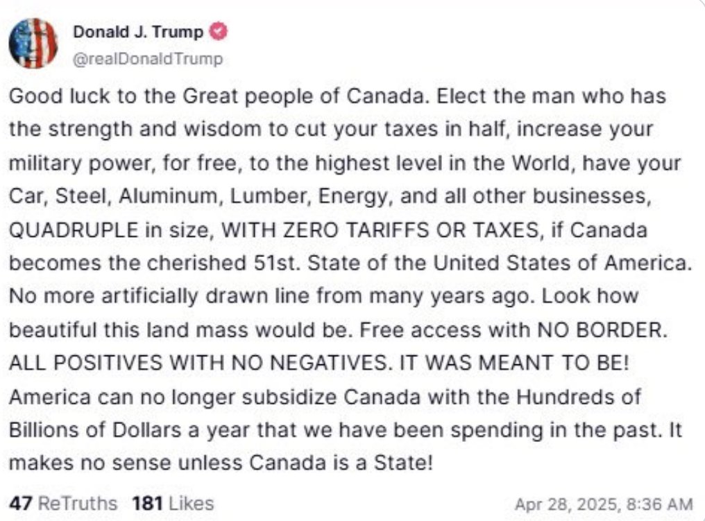 Brian Krassenstein (@krassenstein) on Twitter photo BREAKING: Trump tells Canadians to vote for him.
Imagine the MAGA meltdown if Biden ever pretended he was running for Prime Minister of Canada.
Also â reminder: Canada will never be the 51st state. They think youâre completely unhinged. BREAKING: Trump tells Canadians to vote for him.
Imagine the MAGA meltdown if Biden ever pretended he was running for Prime Minister of Canada.
Also â reminder: Canada will never be the 51st state. They think youâre completely unhinged.