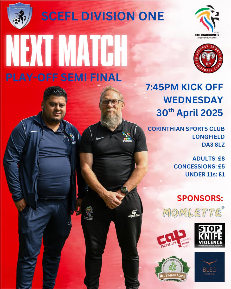SOUL TOWER HAMLETS (@soulthfc) on Twitter photo Up next is <a href="/SheppeySportsFC/">Sheppey Sports FC</a>,
We travel to Corinthian Sports Club on Wednesday night for the game to play in our play-off semi final.
Come and support the boys, they deserve it after an incredible season.
#comeonyousoul Up next is <a href="/SheppeySportsFC/">Sheppey Sports FC</a>,
We travel to Corinthian Sports Club on Wednesday night for the game to play in our play-off semi final.
Come and support the boys, they deserve it after an incredible season.
#comeonyousoul