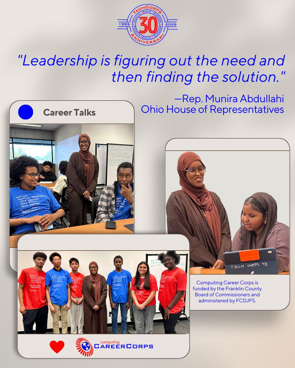 techcorpsus's tweet image. “Leadership is figuring out the need and then finding the solution.” – Rep. Munira Yasin Abdullahi
Rep. Abdullahi visited our #ComputingCareerCorps students in Columbus to see their tech projects—and inspire the next generation of leaders. @FranklinCoJFS @FranklinCoJFS