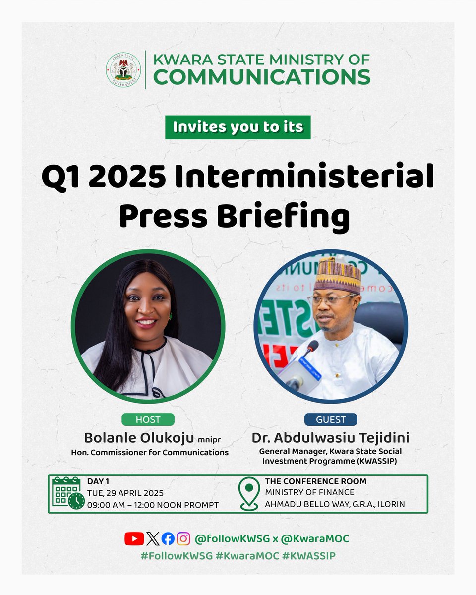 Dear Kwarans,

Tomorrow, key Heads of Departments and Agencies will take the stage at the 4th Edition of the Kwara State Inter-Ministerial Press Briefing to present their stewardship for the First Quarter of 2025.
It’s another opportunity to showcase transparency,..