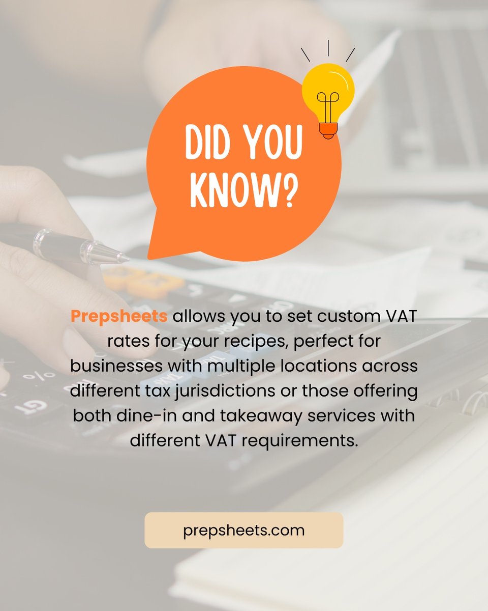 Different VAT rates for different services? Prepsheets handles this automatically - set custom tax settings for each recipe based on service type (dine-in vs takeaway) or location. One system, multiple tax scenarios, zero headaches. 
#HospitalityBusiness