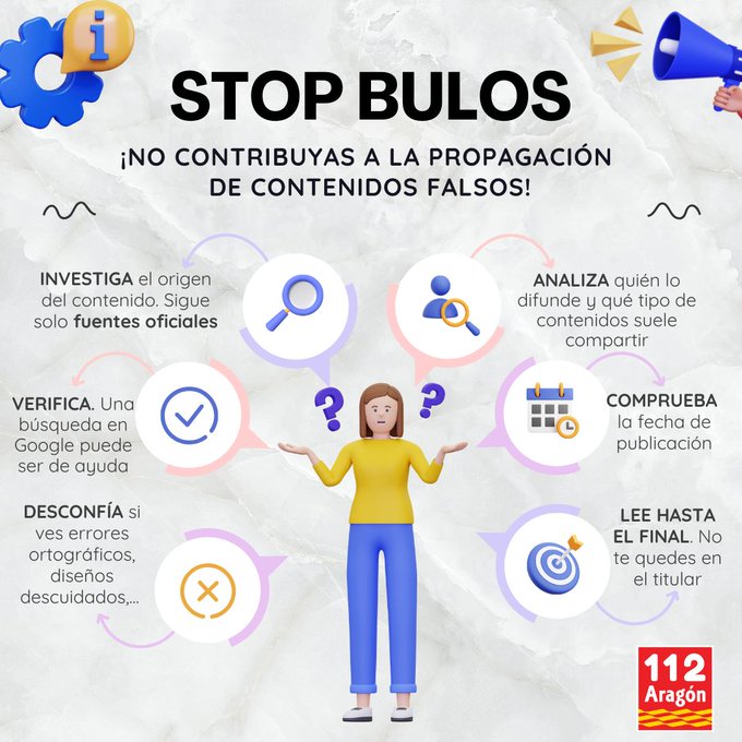 112Aragon's tweet image. En situaciones de #emergencia, los bulos y la desinformación son un grave problema añadido. ¡Sé responsable y no contribuyas a su propagación! ℹ️Compartimos estos #Consejos112 que pueden ser de utilidad para detectar contenidos falsos #STOPBULOS