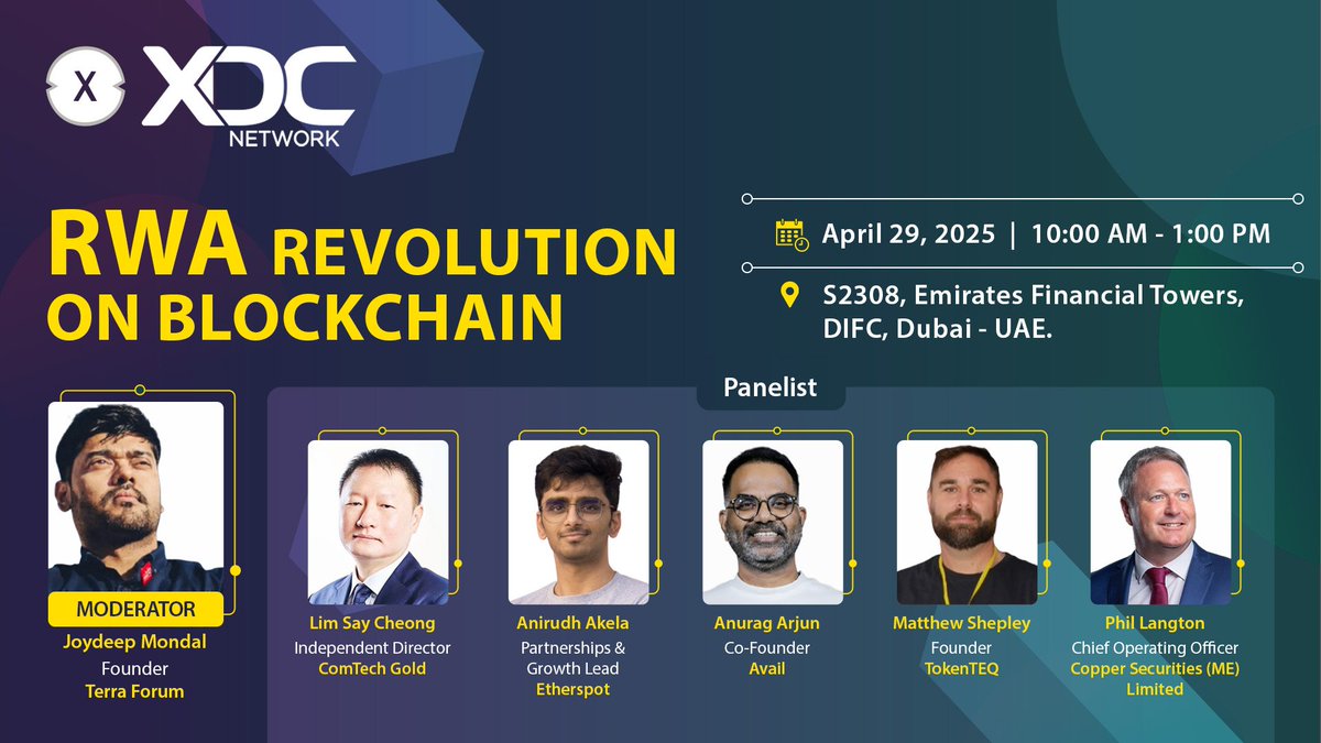 ComTech (@comtechofficial) on Twitter photo We are proud to share that <a href="/SCLim0409/">Lim Say Cheong</a>, Independent Director at ComTech Gold, will be presenting at the RWA Revolution on Blockchain event!
Catch him live on April 29, 2025, at Emirates Financial Towers, DIFC, Dubai, as he dives into the future of Real-World Asset tokenization We are proud to share that <a href="/SCLim0409/">Lim Say Cheong</a>, Independent Director at ComTech Gold, will be presenting at the RWA Revolution on Blockchain event!
Catch him live on April 29, 2025, at Emirates Financial Towers, DIFC, Dubai, as he dives into the future of Real-World Asset tokenization