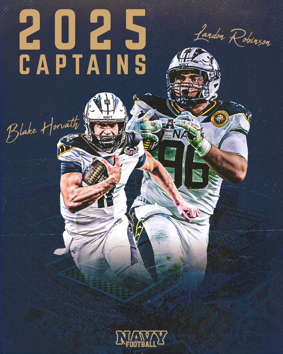Navy Football (@navyfb) on Twitter photo We are pleased to announce <a href="/HorvathBlake/">Blake Horvath</a> and <a href="/LandonRobinson/">Landon Robinson</a> as our 2025 captains!
#GoNavy | #RollGoats We are pleased to announce <a href="/HorvathBlake/">Blake Horvath</a> and <a href="/LandonRobinson/">Landon Robinson</a> as our 2025 captains!
#GoNavy | #RollGoats