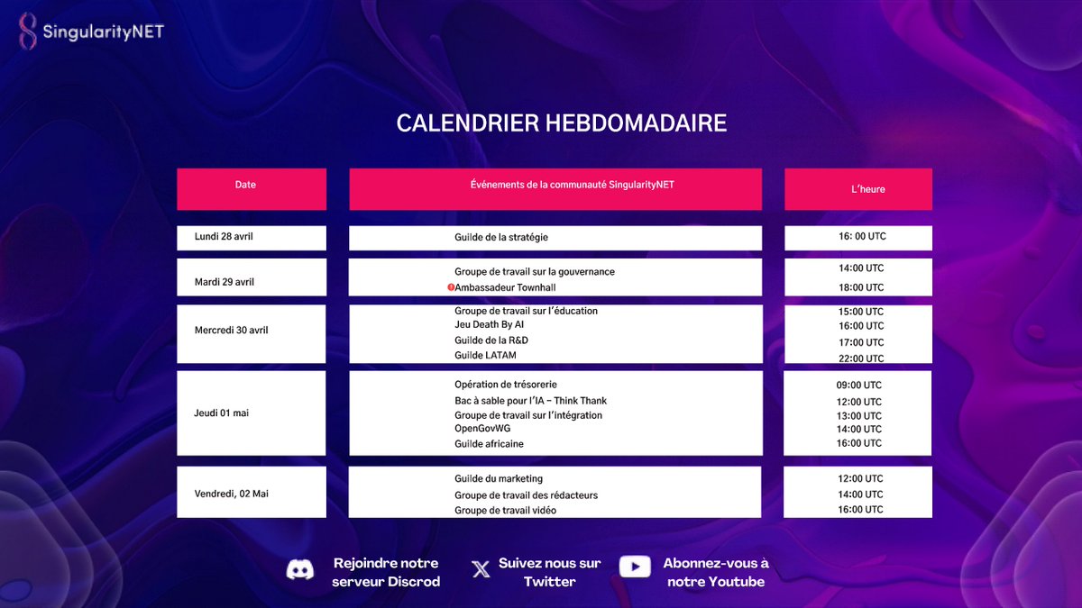 LeSNETFR's tweet image. Voici le programme des réunions de la dernière semaine d&apos;avril.

Notez ces dates dans vos agendas et prévoyez d&apos;y assister.

N&apos;oubliez pas de rejoindre notre Discord pour plus d&apos;informations discord.gg/snet