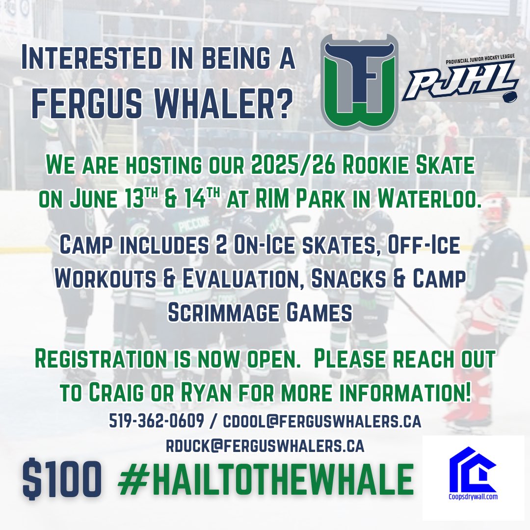 Fergus Whalers Junior Hockey Club (@ferguswhalers) on Twitter photo 🚨🚨ROOKIE CAMP🚨🚨
Spots still remain for this year’s Rookie Skate at Rim Park on June 13 and 14! Reach out to Ryan or Craig for more information!!
cdool@ferguswhalers.ca | 519-362-0609
rduck@ferguswhalers.ca
#HailToTheWhale 🚨🚨ROOKIE CAMP🚨🚨
Spots still remain for this year’s Rookie Skate at Rim Park on June 13 and 14! Reach out to Ryan or Craig for more information!!
cdool@ferguswhalers.ca | 519-362-0609
rduck@ferguswhalers.ca
#HailToTheWhale