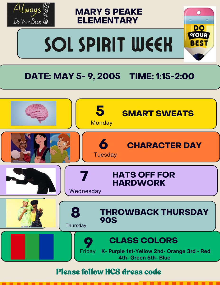 Mary S. Peake Elementary School (@peakemightyoaks) on Twitter photo We’re thrilled to announce our SOL Spirit Week from May 5th to 9th! Each day will be packed with fun themes designed to ignite our excitement and showcase our knowledge. Together, we’ll cheer each other on and celebrate #PeakePride! Mark your calendars, get your outfits ready. We’re thrilled to announce our SOL Spirit Week from May 5th to 9th! Each day will be packed with fun themes designed to ignite our excitement and showcase our knowledge. Together, we’ll cheer each other on and celebrate #PeakePride! Mark your calendars, get your outfits ready.